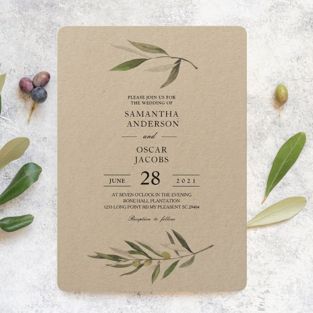 Kraft Watercolor Green Olive Branch  Invitation (Creator Uploaded)