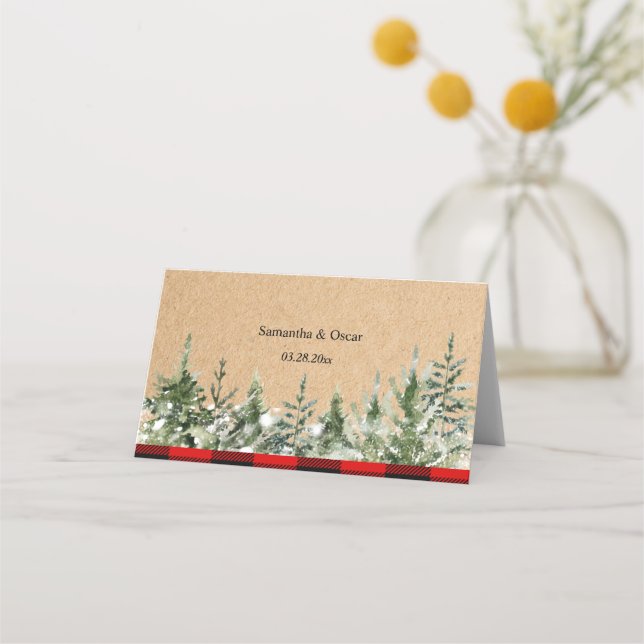 Kraft Watercolor Pine Trees & Red Buffalo Plaid  Place Card (Back)