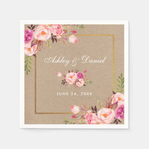 Kraft Watercolor Pink Blush Floral Gold Wedding Napkin