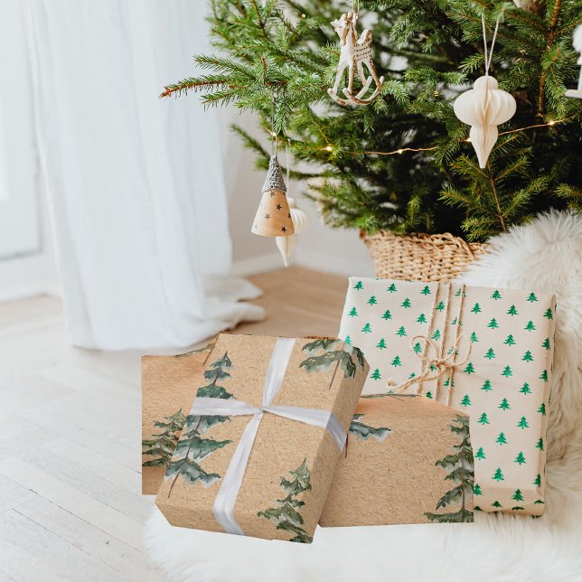 Kraft Watercolor Winter Pine Green Tree Christmas Wrapping Paper (Creator Uploaded)