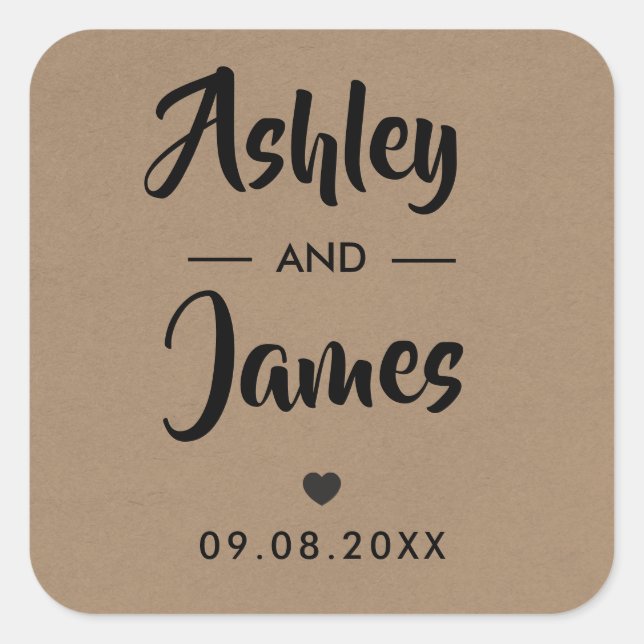 Kraft Wedding Favour Sticker, Personalised, Names Square Sticker (Front)