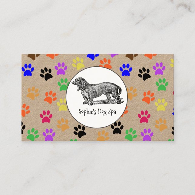 Kraft Whimsical Dog And Paw Print Pattern Groomer Business Card (Front)