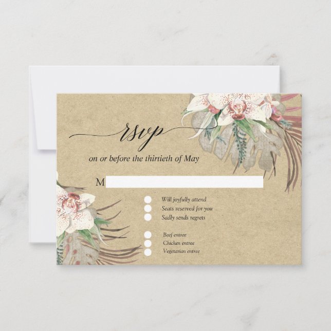 Kraft White Orchid Floral Tropical Foliage RSVP Card (Front)