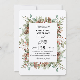 Kraft Winter Green Pine Cone Frame Invitation
