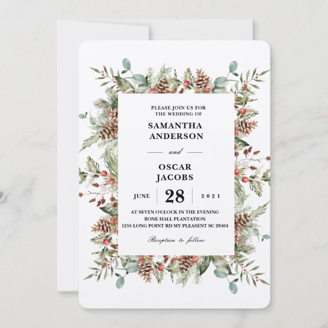 Kraft Winter Green Pine Cone Frame Invitation (Front)