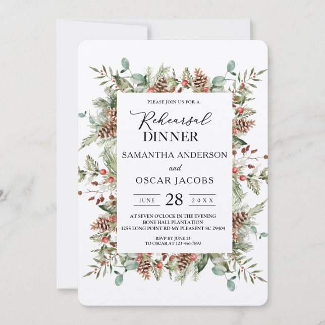 Kraft Winter Green Pine Cone Frame Invitation (Front)