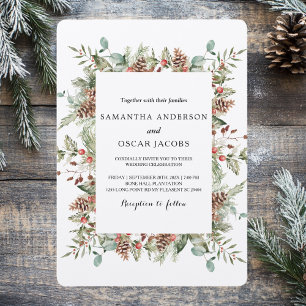 Kraft Winter Green Pine Cone Frame Invitation