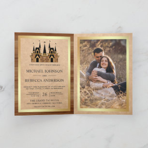 Kraft Wood Fairytale Castle Photo QR Code Wedding Invitation