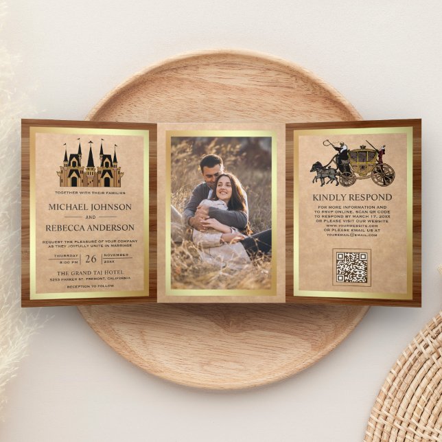 Kraft Wood Fairytale Castle Photo QR Code Wedding Tri-Fold Invitation (Creator Uploaded)
