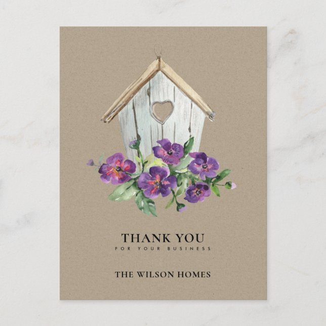 KRAFT WOODEN FLORAL BIRDHOUSE REALTOR THANK YOU ANNOUNCEMENT POSTCARD (Front)