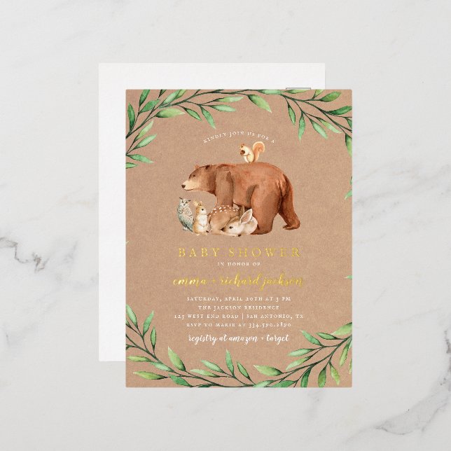 Kraft Woodland Greenery Forest Animals Baby Shower Foil Invitation Postcard (Front/Back)