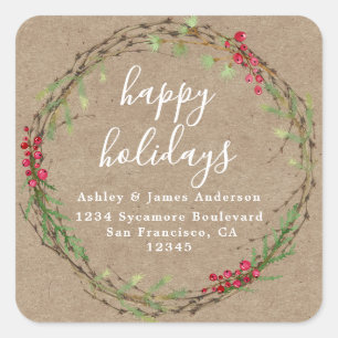 Kraft Wreath Holiday Return Address Square Sticker