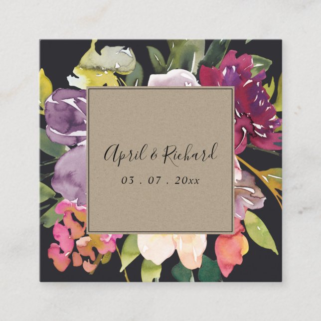 KRAFT YELLOW BLACK BURGUNDY FLORAL WEDDING WEBSITE SQUARE BUSINESS CARD (Front)