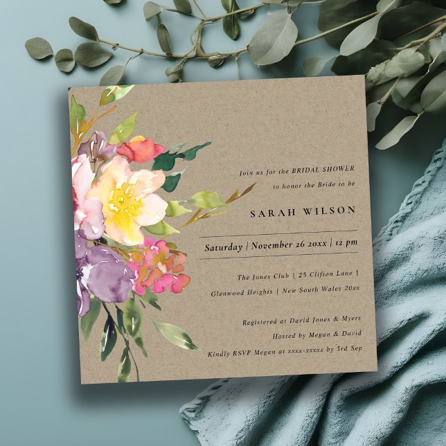 KRAFT YELLOW BLUSH BURGUNDY FLORAL BRIDAL SHOWER INVITATION (Creator Uploaded)