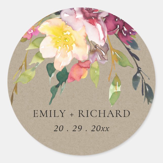 KRAFT YELLOW BLUSH BURGUNDY FLORAL BUNCH WEDDING CLASSIC ROUND STICKER (Front)