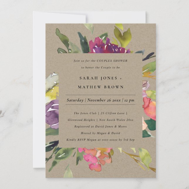 KRAFT YELLOW BLUSH BURGUNDY FLORAL COUPLES SHOWER INVITATION (Front)
