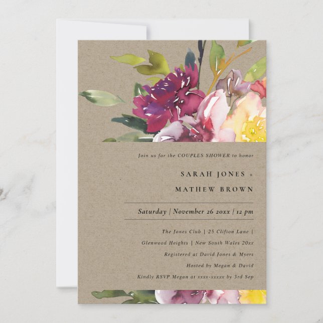 KRAFT YELLOW BLUSH BURGUNDY FLORAL COUPLES SHOWER INVITATION (Front)