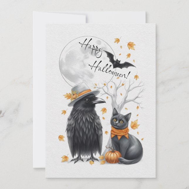 Krähe & Katze Herbst Halloween Karte Grußkarte Holiday Card (Front)