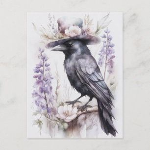 Krähe Rabe Crow mit Hut und Blumen Watercolor Postcard