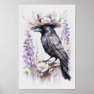 Krähe Rabe Crow mit Hut und Blumen Watercolor Poster