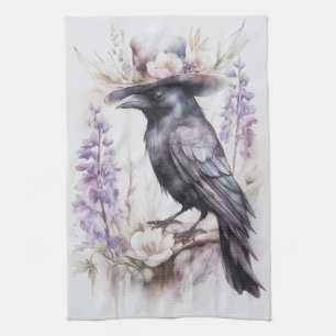 Krähe Rabe Crow mit Hut und Blumen Watercolor Tea Towel