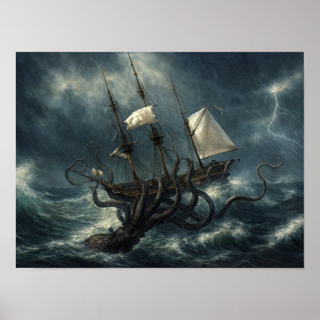 Kraken Attacking Ship Steampunk Poster (Front)