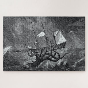 Kraken Attacking Ship vintage etching Jigsaw Puzzle