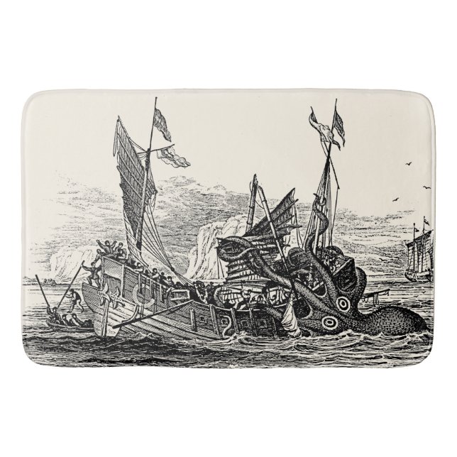Kraken Attacks Ship Vintage Nautical Steampunk Bath Mat (Front)
