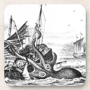 Kraken/Octopus Eatting A Pirate Ship, Black/White Coaster