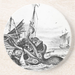 Kraken/Octopus Eatting A Pirate Ship, Black/White Coaster