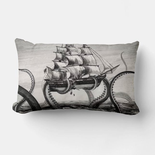 Kraken/Octopus Eatting A Pirate Ship, Black/White Lumbar Cushion (Front)
