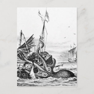 Kraken/Octopus Eatting A Pirate Ship, Black/White Postcard