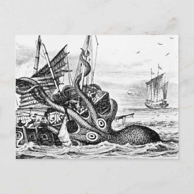 Kraken/Octopus Eatting A Pirate Ship, Black/White Postcard (Front)