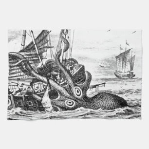Kraken/Octopus Eatting A Pirate Ship, Black/White Tea Towel