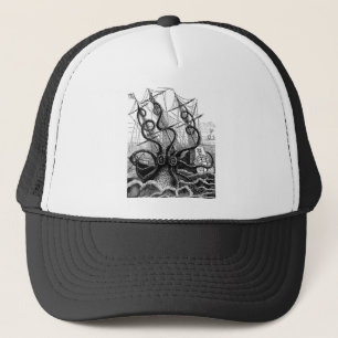 Kraken/Octopus Eatting A Pirate Ship, Black/White Trucker Hat