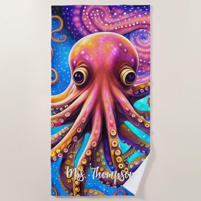 Kraken Octopus with Personalised Name Beach Towel (Front)