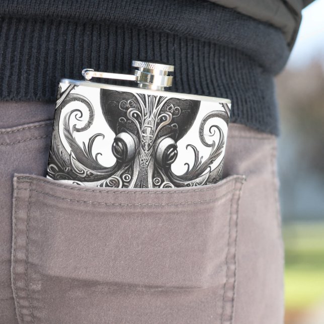 Kraken Steampunk Octopus Ornate Black Hip Flask (In Situ)