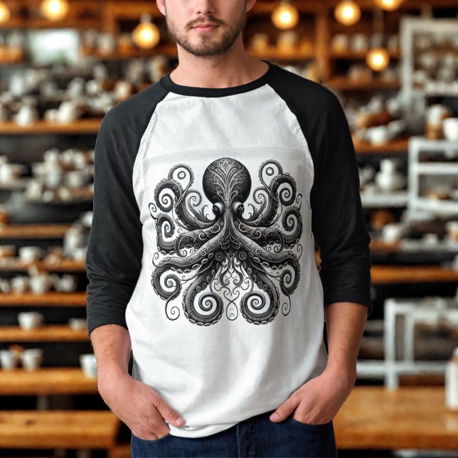Kraken Steampunk Octopus Ornate Black T-Shirt (Creator Uploaded)