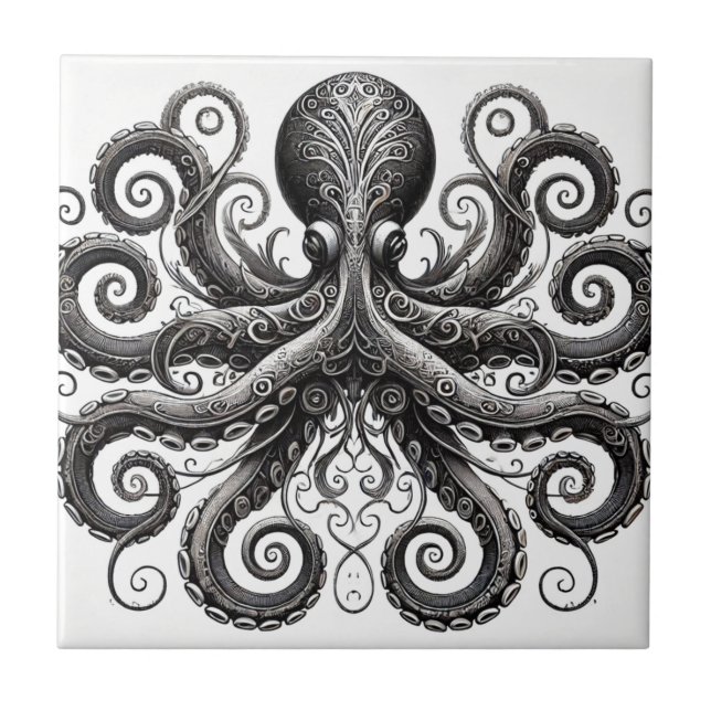 Kraken Steampunk Octopus Ornate Black Tile (Front)