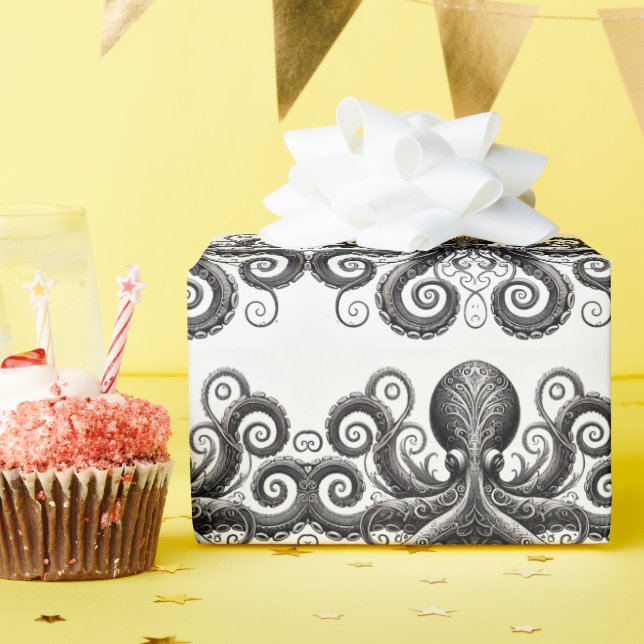 Kraken Steampunk Octopus Ornate Black Wrapping Paper (Birthday Party)