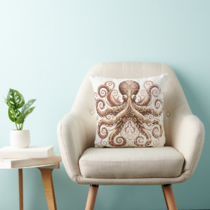 Kraken Steampunk Octopus Ornate Gold White Cushion