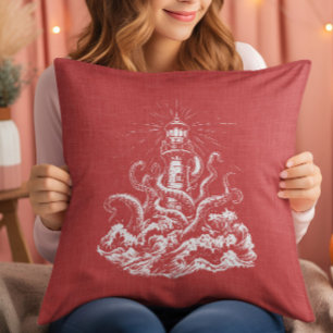 Kraken Swallowing a Light House On Red Linen Cushion