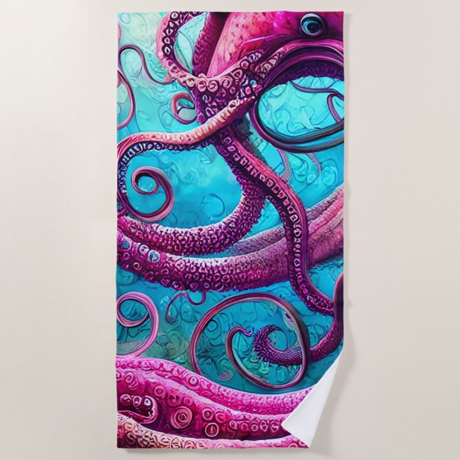 Kraken Tentacles Pink Octopus Beach Towel (Front)