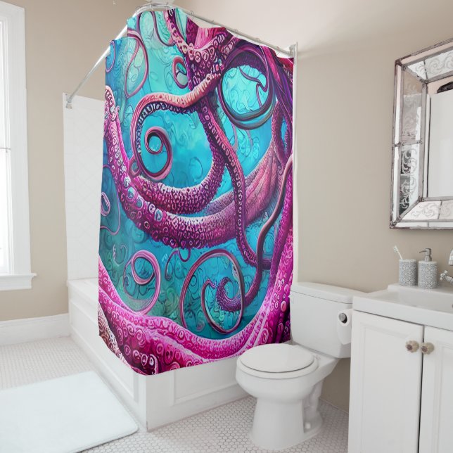 Kraken Tentacles Pink Octopus Shower Curtain (In Situ)