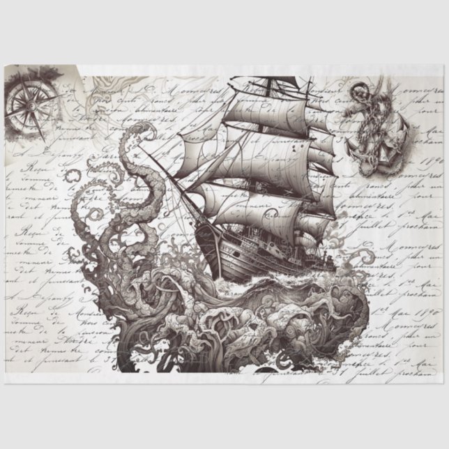 Kraken vs pirate ship nautical theme tissue paper (Front)