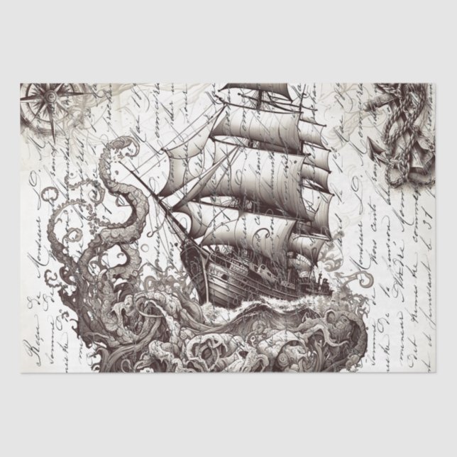 Kraken vs pirate ship nautical theme tissue paper (Front)