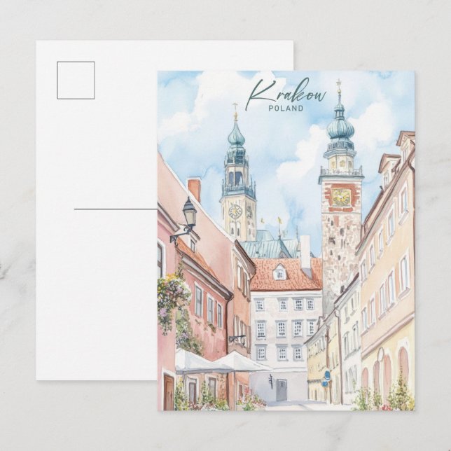 Krakow Poland Gouache Paint Illustration Travel Postcard (Front/Back)