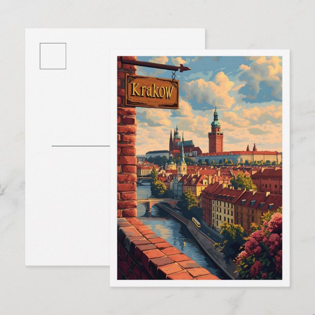 Krakow Poland Vintage Art Travel Illustration Postcard (Front/Back)