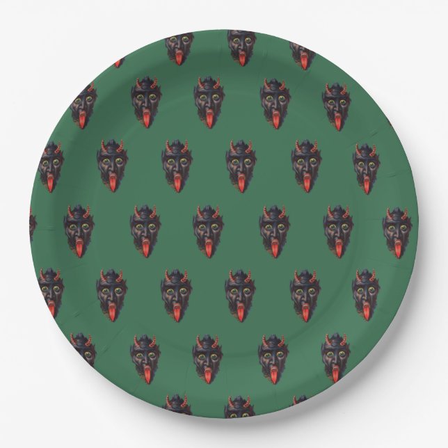 Krampus 9" Paper Plate in Green (Front)