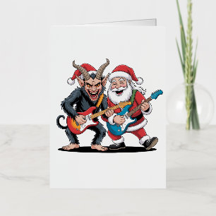 Krampus and Santa Playing Electric Guitar Xmas  Foil Holiday Card